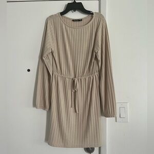 Nasty Gal - Ribbed long sleeve dress with drawstring cinch waist (beige)